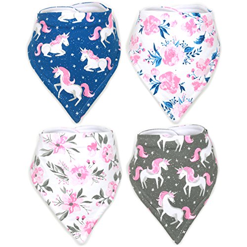 Stadela Baby Adjustable Bandana Drool Bibs for Drooling and Teething Nursery Burp Cloths 4 Pack Baby Shower Gift Set for Girls - Flowers and Unicorns Floral Themed with Stars Fantasy