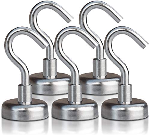 Book Cover Strong Heavy Duty Magnetic Hooks (5 Pack) - Powerful 40lb Neodymium Rare Earth Hook Magnet Set for Multi-Purpose Hanging, Storage, Indoor/Outdoor Organization - Includes 3M Felt Non-Scratch Stickers