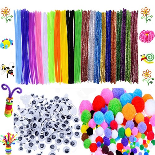 600 Pcs Craft Supplies Set - Pipe Cleaners Set Which Includes 200Pcs Chenille Stems, 150Pcs Self-sticking Wiggle Googly Eyes and 250Pcs Pompoms for DIY School Art Projects by BellaBetty