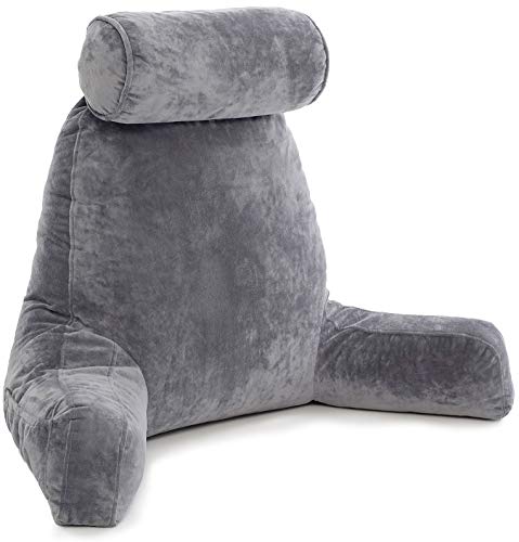 Book Cover Husband Pillow - Dark Grey, Big Backrest Reading Bed Rest Pillow with Arms, Plush Memory Foam Fill, Remove Neck Roll Off Bungee, Change Covers, Zipper On Shell of Bed Chair for Adjustable Loft