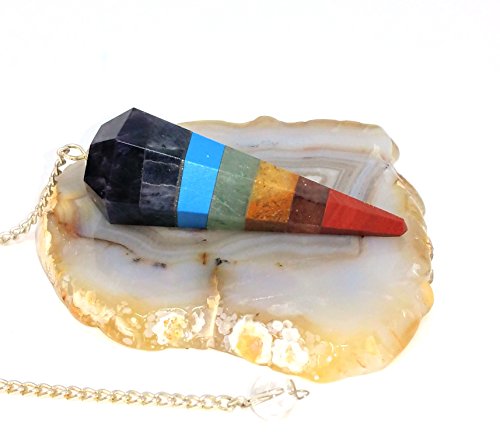 people crystals Chakra Crystal Healing Pendulum Kit/Includes 1 Chakra Pendulum and 1 Agate Slice Pendulum Stand/Healing Stone Dowsing Divination Set