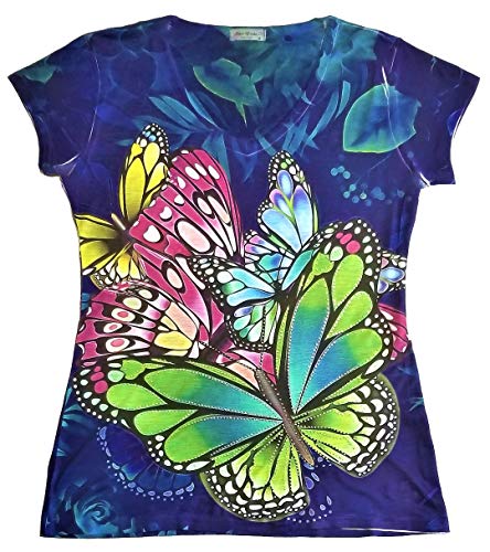 Made in USA - Colorful Butterfly Ladies V-Neck 3D Graphic Butterfly T-Shirt w/Rhinestones