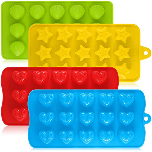 Silicone Chocolate Candy Molds, AIFUDA 4 Packs Non-stick Baking Molds Ice Cube Trays for Making Cake Muffin Cupcake Gumdrop Jelly - Heart, Star & Shell