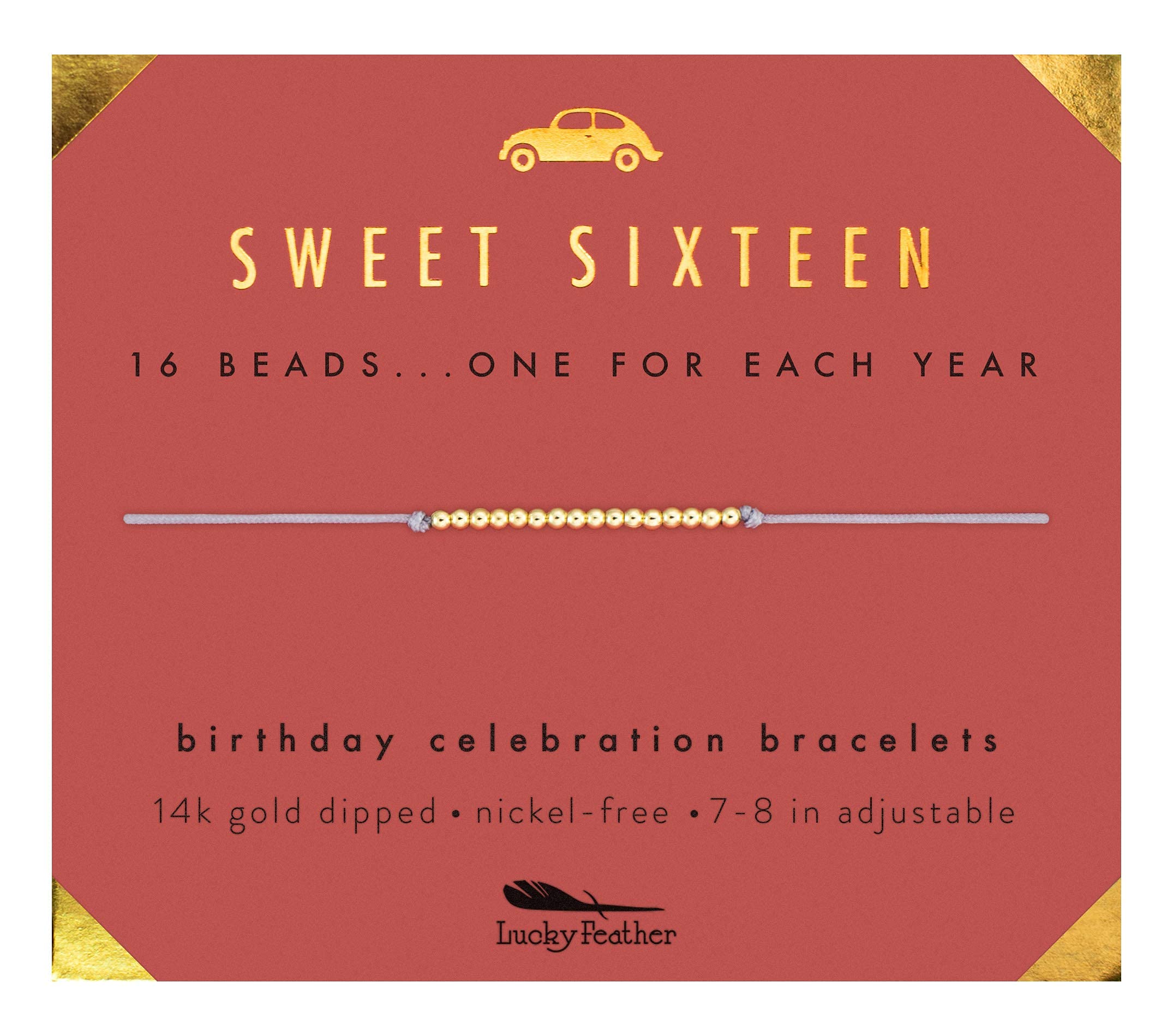 Book Cover Lucky Feather Sweet 16 Gifts for Girls; 16th Birthday Bracelet Gift Idea for 16 Year Old Girls with 14K Gold Dipped Beads on Adjustable Cord