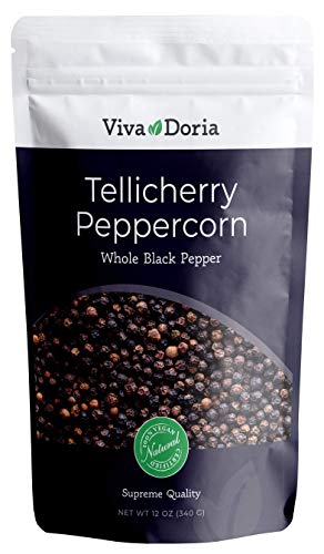 Book Cover Viva Doria Tellicherry Peppercorn, Steam Sterilized Whole Black Pepper, 12 Oz Black Peppercorns For Grinder Refill