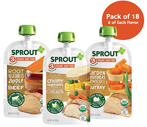 Sprout Organic Stage 3 Baby Food Pouches, Meat Variety, 4 Ounce (Pack of 18) 6 of Each: Root Veg Apple w/ Beef, Creamy Veg w/ Chicken & Garden Veg Brown Rice w/ Turkey