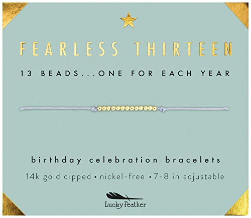 Book Cover Lucky Feather Gifts for 13 Year Old Girl; 13th Birthday Bracelet with 13 Dainty 14K Gold Dipped Beads on Adjustable Cord; Bat Mitzvah Gift