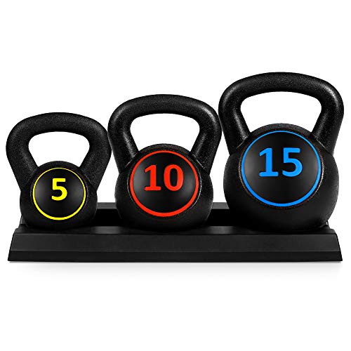 Book Cover Best Choice Products 3-Piece Kettlebell Set with Storage Rack, HDPE Coated Exercise Fitness Concrete Weights for Home Gym, Strength Training, HIIT Workout 5lb, 10lb, 15lb