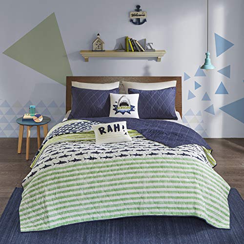 Urban Habitat Kids Finn Twin/Twin Xl Bedding Sets Boys Quilt Set - Green, Navy , Shark Stripe â€“ 4 Piece Kids Quilt For Boys â€“ 100% Cotton Quilt Sets Coverlet