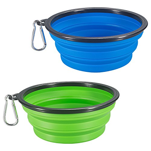 Book Cover COMSUN 2-Pack Extra Large Size Collapsible Dog Bowl, Food Grade Silicone BPA Free, Foldable Expandable Cup Dish for Pet Cat Food Water Feeding Portable Travel Bowl Blue and Green Free Carabiner