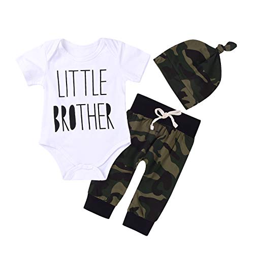 Book Cover 3Pcs Baby Boys Little Brother Camouflage Romper Tops+Pants Leggings+ Hat Outfits Set (White&Camouflage, 0-6m(Tag70))