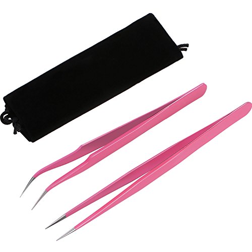 Book Cover Hotop 2 Pieces Straight and Curved Tip Tweezers Nipper for Eyelash Extensions, Pink Stainless Steel False Lash Application Tools