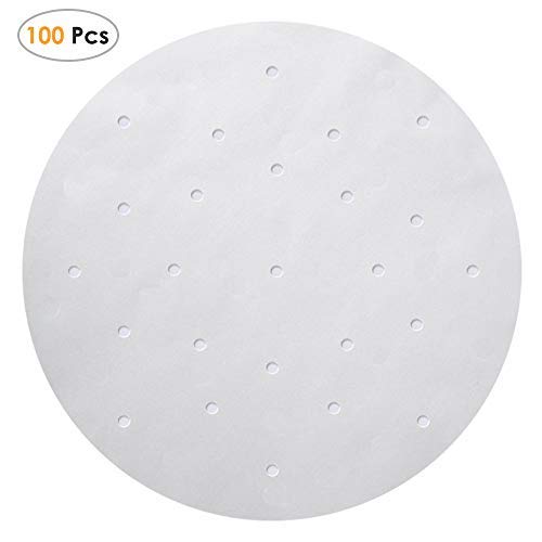 Cloudyfocus Air Fryer Liners - 100pcs, 9 inch Premium Perforated Parchment Steaming Papers for 5.3 Quart Air Fryer, Bamboo Steamer Basket, Non-stick Steamer Mat for Cooking, Baking, Grill, Toast