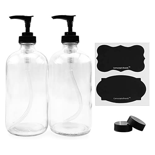 Cornucopia 16-Oz Clear Glass Pump Bottles (2-Pack); Refillable Soap Dispenser Black Lotion Pump Transparent Boston Round Bottles + Chalk Labels & Lids