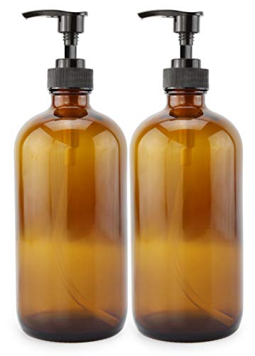 Book Cover 16-Ounce Amber Glass Bottles w/ Pump Dispensers (2-Pack); Refillable Lotion Liquid Soap Pump Brown Bottles + Chalk Labels & Lids, BPA-Free Plastic Tops; Also for Hand Care