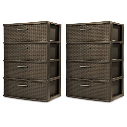 Book Cover Sterilite 4-Drawer Wide Weave Tower, Espresso Frame & Drawers w/ Driftwood Handles, 2-Pack