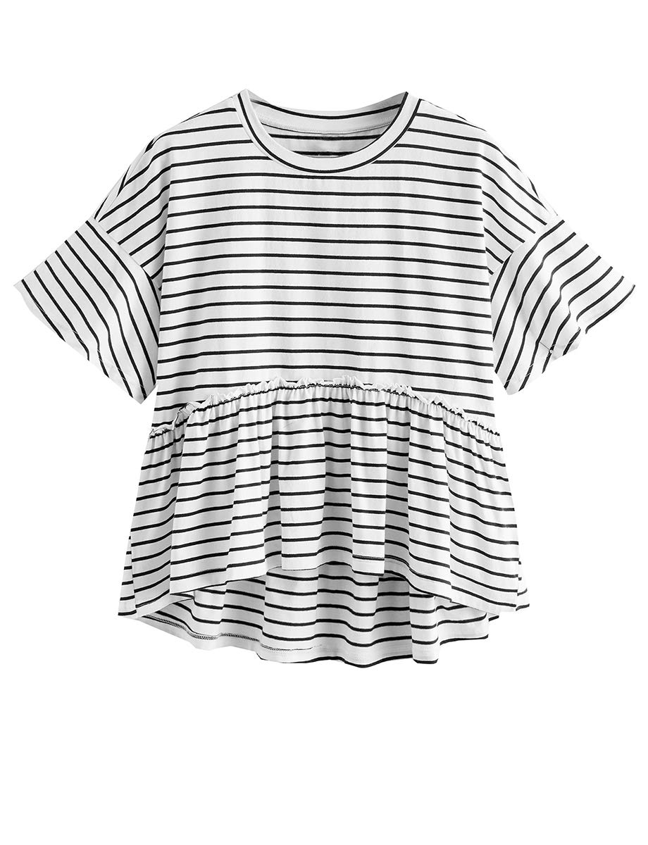 Romwe Women's Loose Ruffle Hem Short Sleeve High Low Peplum Blouse Top Small White Stripe
