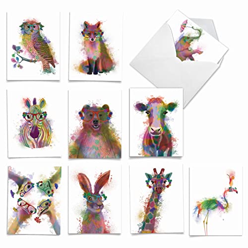 The Best Card Company Assorted Watercolor Blank Greeting Card Box Set - Incl. 10 Notecards + Envelopes, 10 Animal Designs for Thank You, Invitations, More - Funky Rainbow Wildlife M4948OCB-B1x10