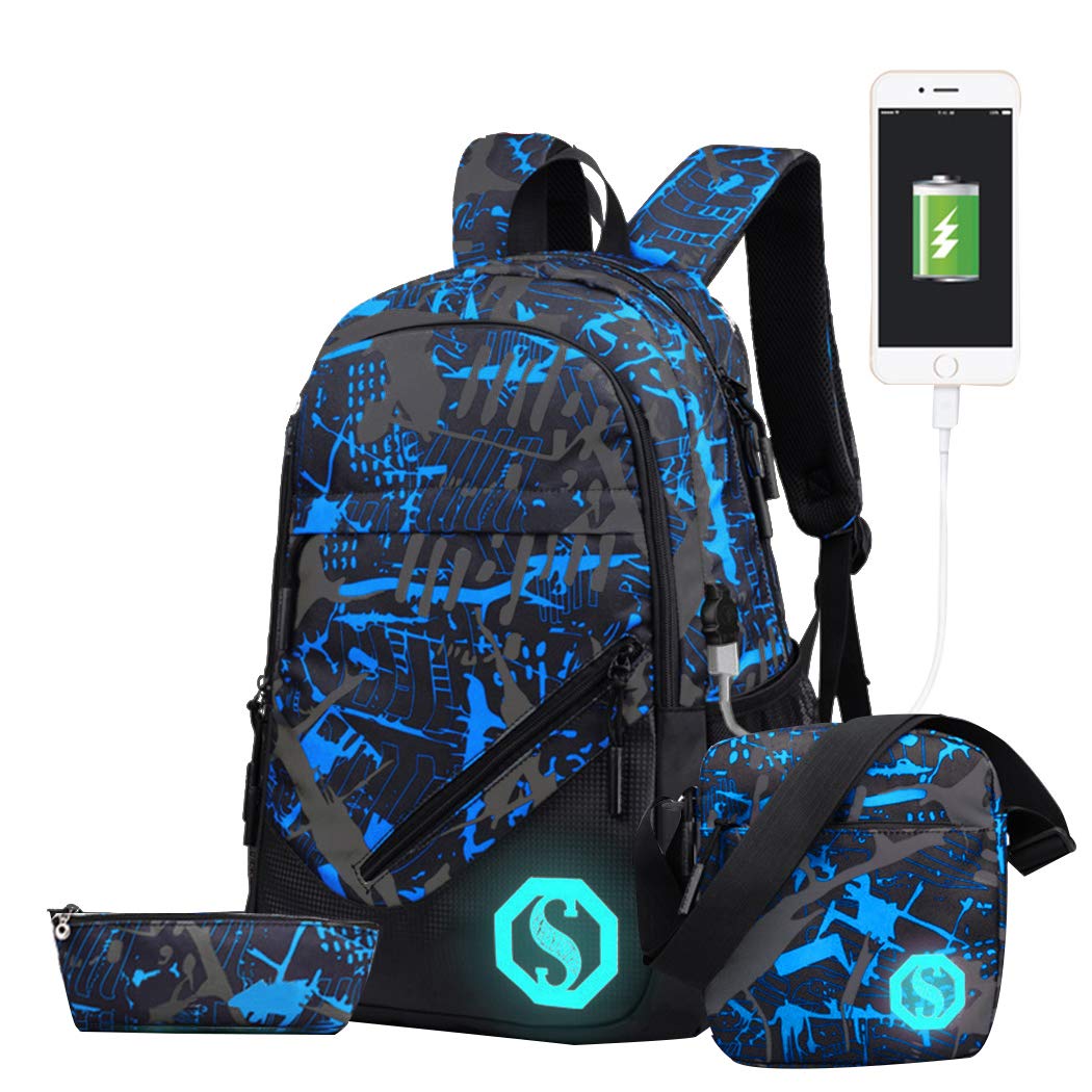 JiaYou Boy Girl Unisex 20L Fashion School Bag Backpack Bookbag with Florescent Mark 2/3 Sets 20L Usb Colorg 3 Sets