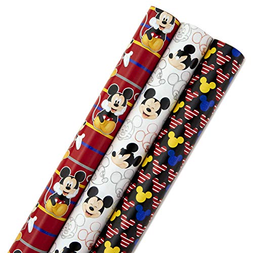Hallmark Disney Mickey Mouse Wrapping Paper with Cut Lines (Pack of 3, 105 sq. ft. ttl.) for Christmas, Birthdays, Father's Day, Baby Showers, or Any Special Occasion