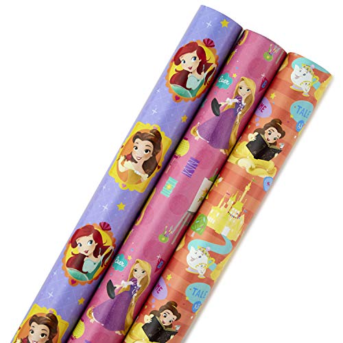 Hallmark Disney Princess Wrapping Paper with Cut Lines (Pack of 3, 105 sq. ft. ttl.) with Belle, Ariel, Cinderella, Rapunzel and More for Birthdays, Christmas or Any Occasion