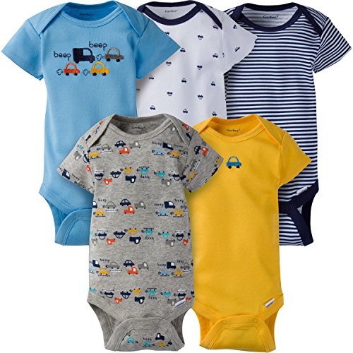Book Cover Gerber Baby Boys' 5-Pack Variety Onesies Bodysuits, Little Cars, 0-3 Months