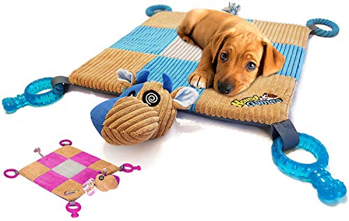 Book Cover Puppy Toy Mat with Teething Chew Toys (20â€ x 20â€) - Ropes, Squeaker Nose, Plush Padded Sleeping Mat â€“ Durable and Machine Washable - Comfort and Fun, All-in-One