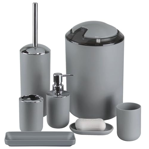 IMAVO Bathroom Accessories Set, 6-Piece Plastic Gift Set, Toothbrush Holder, Toothbrush Cup, Soap Dispenser, Soap Dish, Toilet Brush Holder, Trash Can (Grey)