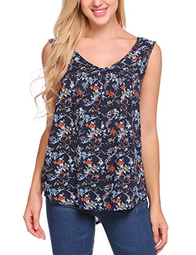 Zeagoo Floral Tops for Women Sleeveless Blouse Shirt V Neck Pleated Flowy Tank Top