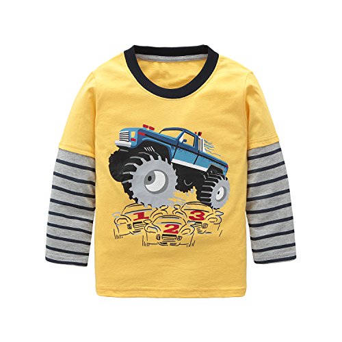Book Cover HowJoJo Boys Long Sleeve Cotton T-Shirts Monster Truck Shirt Graphic Tees Yellow 4T