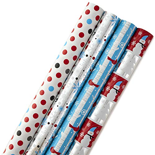 Book Cover Hallmark Holiday Wrapping Paper Bundle with Cut Lines on Reverse, Foil Snowmen and Snowflakes (Pack of 4, 110 sq. ft. ttl.)