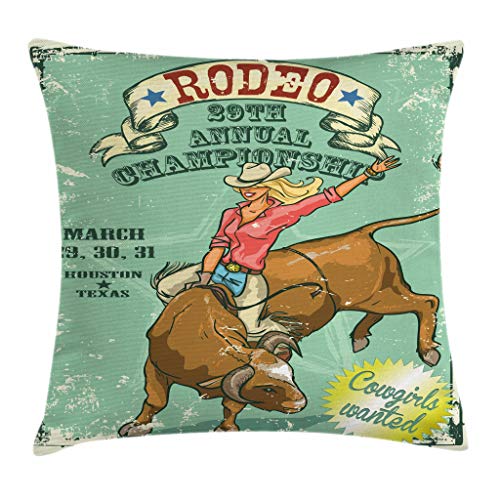 Book Cover Ambesonne Retro Throw Pillow Cushion Cover, Rodeo Cowgirl on The Bull Annual Championship Vintage Pattern Grunge Design, Decorative Square Accent Pillow Case, 18