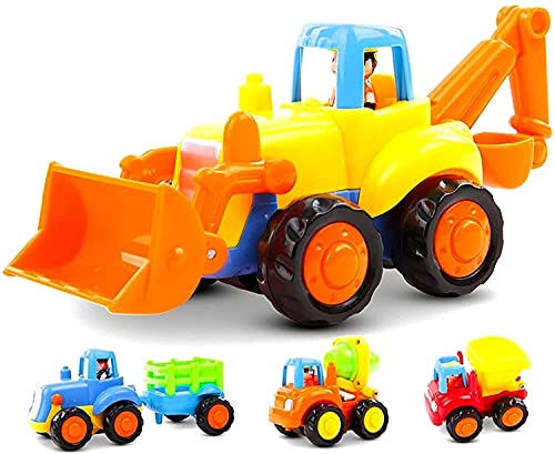 Book Cover GoStock Friction Powered Cars Push and Go Toys for 1 2 3 Year Old Boys and Girls, 4 Sets Construction Vehicles of Tractor, Bulldozer, Cement Mixer Truck, Dumper, Best Gifts for Your Kids and Toddlers