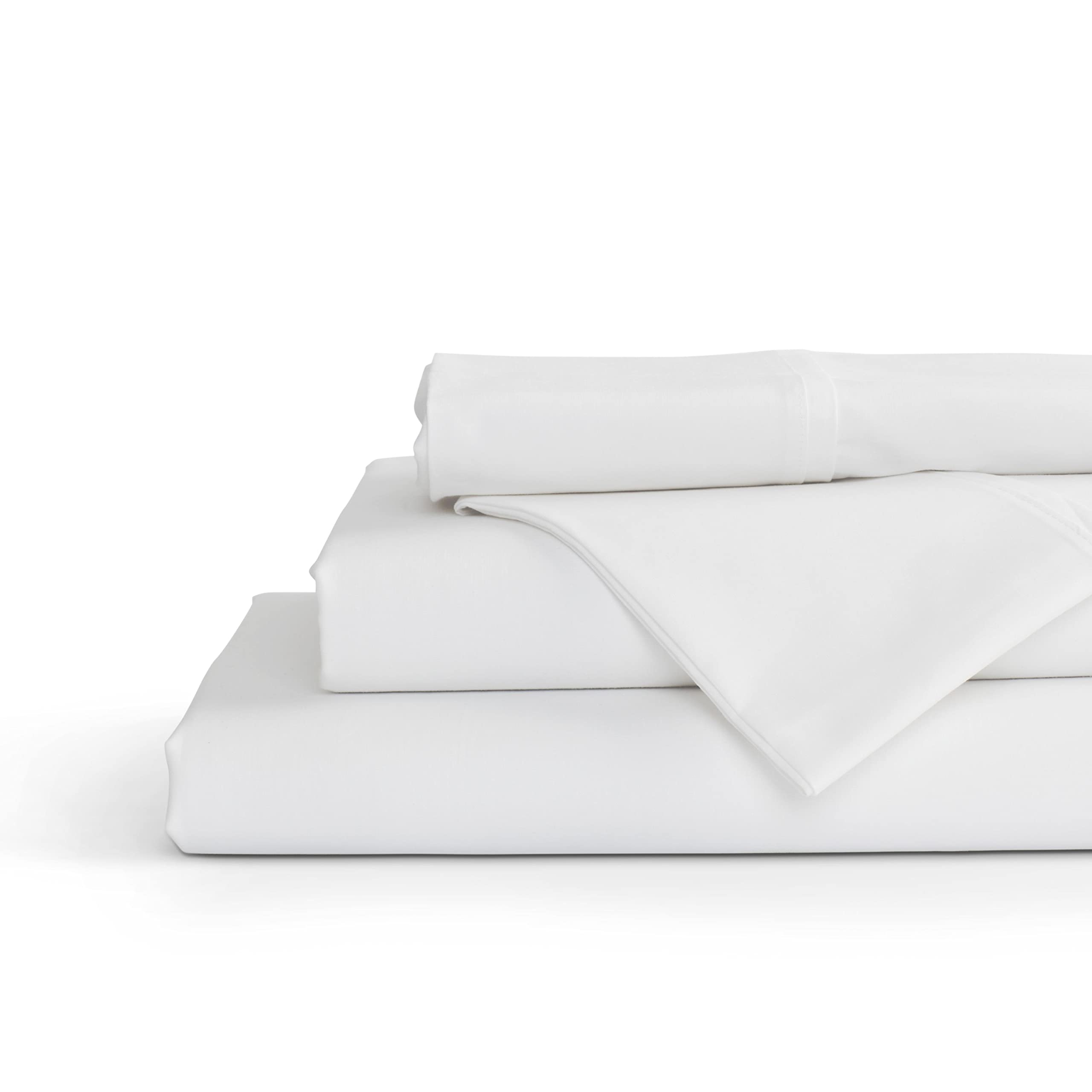 Book Cover 100% Cotton Percale Sheets Twin Size, White, Deep Pocket, 3 Pieces Sheet Set - 1 Flat, 1 Deep Pocket Fitted Sheet and 1 Pillowcase, Crisp Cool and Strong Bed Linen Twin Solid Sheet Set White