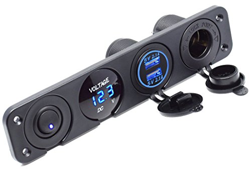 Cllena Dual USB Socket Charger 2.1A&2.1A + LED Voltmeter + 12V Power Outlet + ON-Off Toggle Switch Four Functions Panel for Car Boat Marine RV Truck Camper Vehicles GPS Mobiles (Blue)