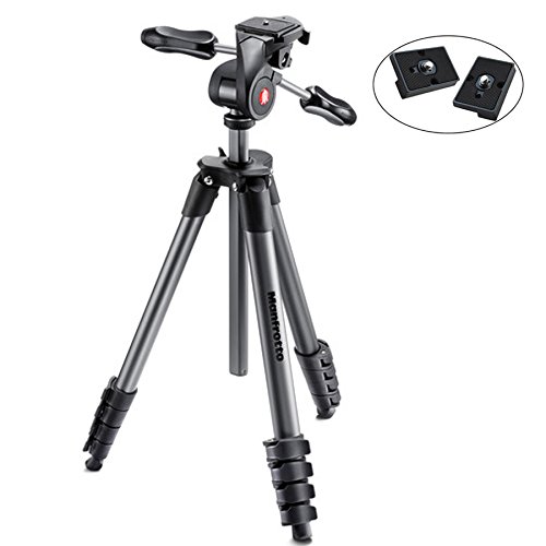 Manfrotto MKCOMPACTADV-BK Compact Advanced Tripod with 3-Way Head (Black) - With Two ZAYKiR Quick Release Plates for the RC2 Rapid Connect Adapter