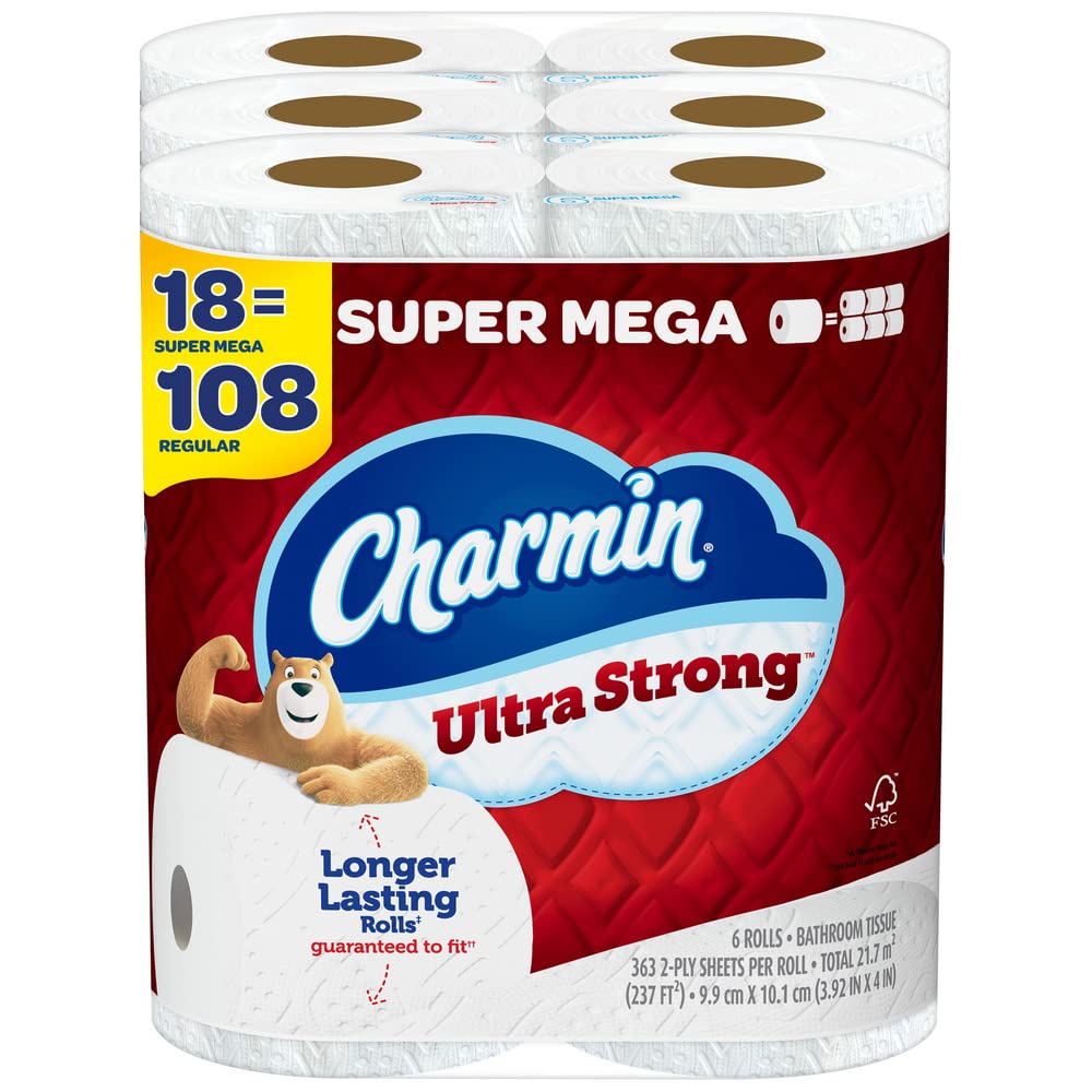 Book Cover Charmin Ultra Strong Toilet Paper, 18 Super Mega Rolls = 108 Regular Rolls 6 Count (Pack of 3)