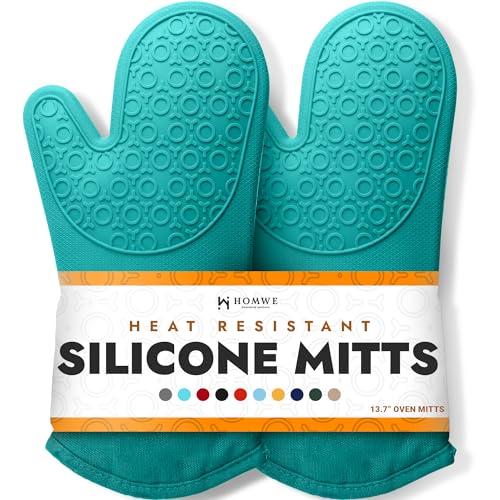 HOMWE Professional Silicone Oven Mitt, Oven Mitts with Quilted Liner, Heat Resistant Pot Holders, Flexible Oven Gloves, Turquoise, 1 Pair, 13.7 Inch Turquoise 13.7 inch