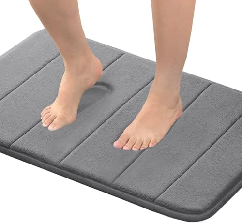 Flamingo P Non Slip Memory Foam Bath Mat Rug Fast Drying Soft Bathroom Shower Mats Rugs, 24x17 Inches, Grey