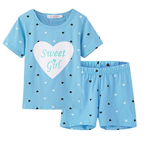 MyFav Big Girls Summer Pajama Set Heart Shape Printed Cute Sleepwear Shorts Blue