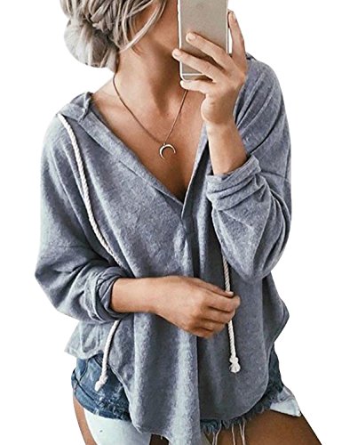 Book Cover WLLW Womens Long Sleeve Deep V Neck Drawstring Sweatshirt Hoodies Tops Blouse