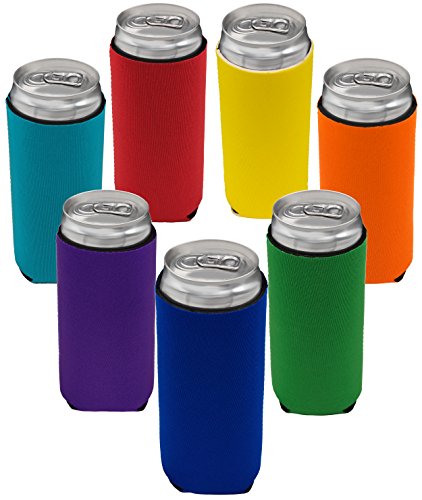 Book Cover Neoprene Slim Can Sleeves - Fits 12 oz Energy Drink & Beer Slim Cans - Pack of 7 | Red Blue Yellow Orange Green Turquoise Purple (7, Multi Color)