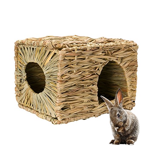 Book Cover Mkono Natural Seagrass Mat Hideaway Hut Toy, Hand Woven Folding Beds Sleeping Chew Toys for Guinea Pig