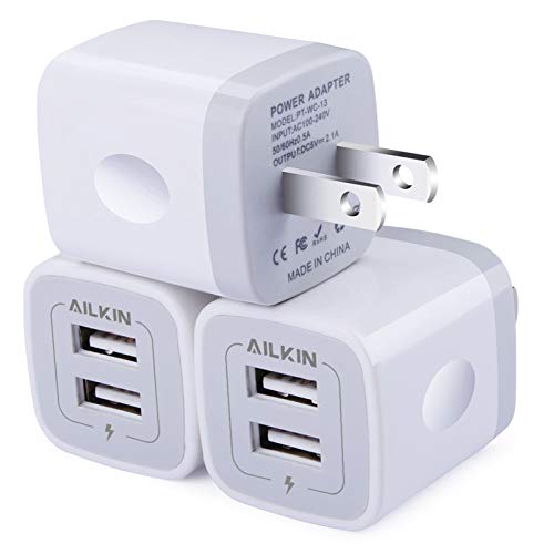 Book Cover Wall Charger, 3Pack 5V/2.1A AILKIN 2-Port USB Wall Charger Home Travel Plug Power AC Adapter Fast Charging Block Cube for iPhone 13 12 SE 11Pro Max XS XR 8 7 Plus, Samsung Galaxy, Google Pixel, LG Box