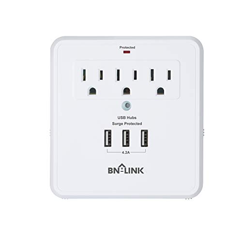 BN-LINK 3-Outlet Extender, Multi Plug Outlets with 3 USB Ports (3.4A Total), Dusk-To-Dawn Sensor Night Light, Surge Protector with Top Phone Holder, for Traveling, Home, School, Office
