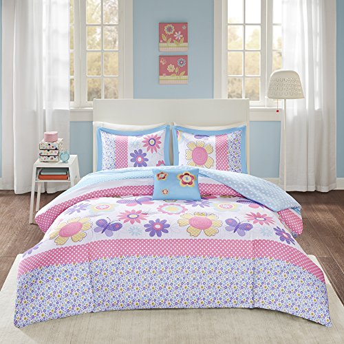 Book Cover Comfort Spaces Happy Daisy Comforter Set for Girls - Vibrant Color, Butterfly and Floral Addorable Print Cozy Bedding with Matching Shams, Decorative Pillow, Full/Queen(90