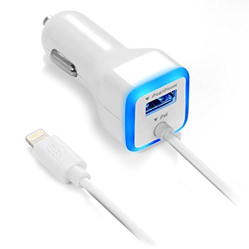 Book Cover GEMBONICS Apple Certified iPhone Lightning Car Charger for iPhone 12, 11, X, XR, XS, 8, 8 Plus, 7, 7 Plus, 6S, 6S Plus, 6 Plus, SE, 5S, iPad Pro, Air 2, Mini 4 with Extra USB Port (White)