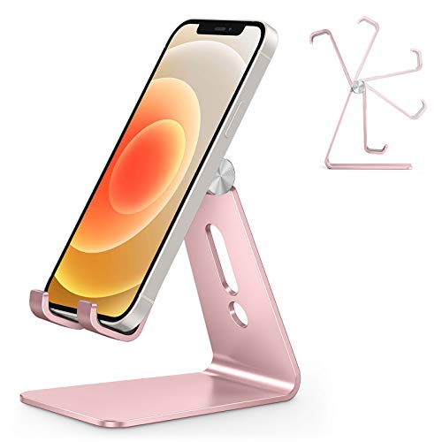 Book Cover Adjustable Cell Phone Stand, OMOTON C2 Aluminum Desktop Phone Holder Dock Compatible with iPhone 11 Pro Max Xs XR 8 Plus 7 6, Samsung Galaxy, Google Pixel, Android Phones, Rose Gold