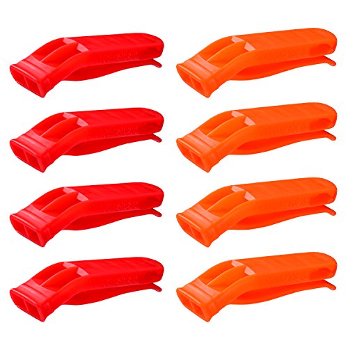 Shappy 8 Pieces Emergency Whistle Safety Whistles Plastic Whistle Set for Boating Hiking Camping, Red and Orange