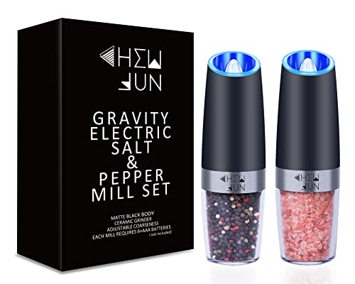 Book Cover Gravity Salt and Pepper Mill Set with Adjustable Coarseness Automatic Pepper and Salt Grinder Battery Powered with Blue LED Light,One Hand Operated,Brushed Stainless Steel by CHEW FUN